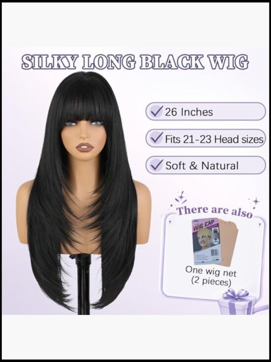 Wig with Bangs 26Inch Long Layered Straight Hair Heat Resistant Synthetic Scalp